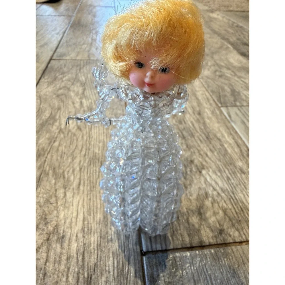 Angel Figurine Ornament‎ Small Clear Beaded Blonde Vintage Handmade Christmas